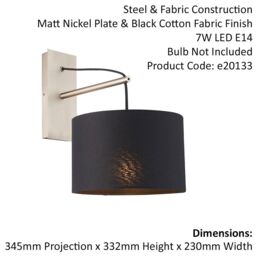 Loops Matt Nickel Wall Light & Black Cotton Fabric Shade - Hanging Wall Lamp Fitting in Metallics - thumbnail 2