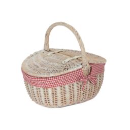 Red Hamper Wicker White Wash Finish Oval lined Picnic Basket in Red - thumbnail 1