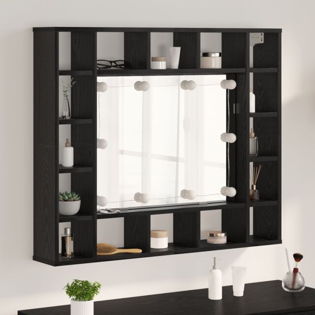 Berkfield Home Mirror Cabinet with LED Strip Lights with Shelf Wall-mounted with Storage with Mirror Black oak Engineered wood - image 1
