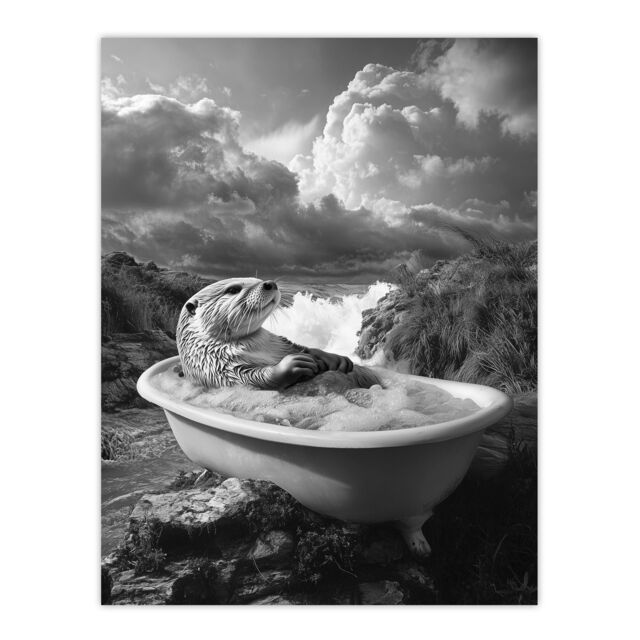 "Artery8 Otter Bath Riverbank Bathtub Bubble Bath Surreal Wall Art Print in Grey - Size: W24"" x H32""" - image 1