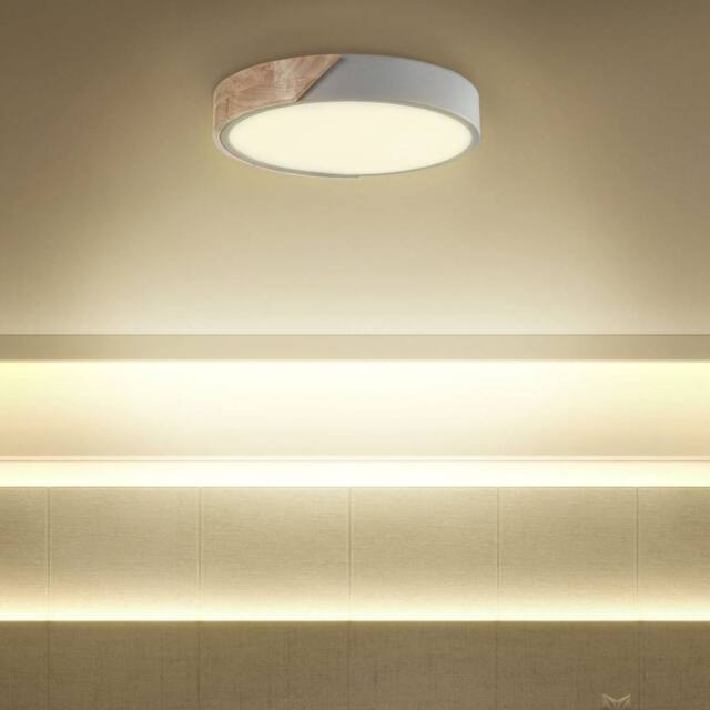 Wyld and Coco Round Ceiling Lamp Grey Steel Light Wood Effect Accent - image 1