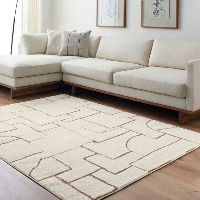 Livabliss Freud-Modern Ivory Brown High Pile Living Dining Bedroom Rug - Size: 200 cm x 275 cm