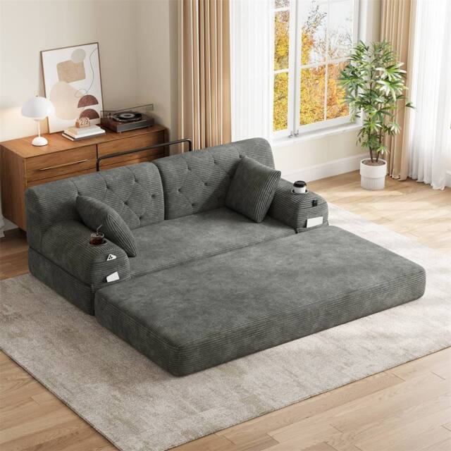Direct Wicker 2-Seater Corduroy Sofa Bed with Cup Holders & Side Storage Pockets in Dark Grey - Size: 2 Seater - image 1