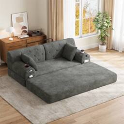Direct Wicker 2-Seater Corduroy Sofa Bed with Cup Holders & Side Storage Pockets in Dark Grey - Size: 2 Seater - thumbnail 1
