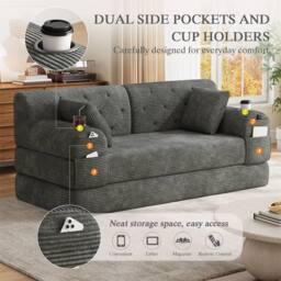 Direct Wicker 2-Seater Corduroy Sofa Bed with Cup Holders & Side Storage Pockets in Dark Grey - Size: 2 Seater - thumbnail 3