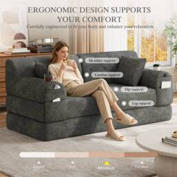 Direct Wicker 2-Seater Corduroy Sofa Bed with Cup Holders & Side Storage Pockets in Dark Grey - Size: 2 Seater - thumbnail 5