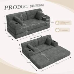 Direct Wicker 2-Seater Corduroy Sofa Bed with Cup Holders & Side Storage Pockets in Dark Grey - Size: 2 Seater - thumbnail 7