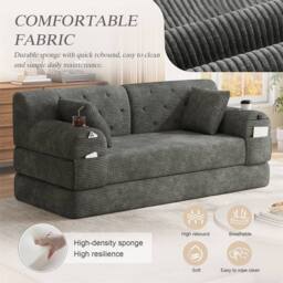 Direct Wicker 2-Seater Corduroy Sofa Bed with Cup Holders & Side Storage Pockets in Dark Grey - Size: 2 Seater - thumbnail 6
