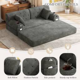 Direct Wicker 2-Seater Corduroy Sofa Bed with Cup Holders & Side Storage Pockets in Dark Grey - Size: 2 Seater - thumbnail 2