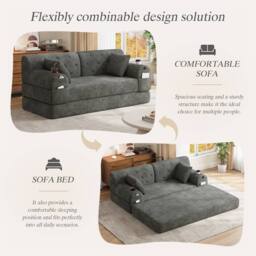 Direct Wicker 2-Seater Corduroy Sofa Bed with Cup Holders & Side Storage Pockets in Dark Grey - Size: 2 Seater - thumbnail 4