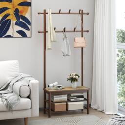 Gymax Coat Rack Entryway Bench With 2 Hanging Rods 11 Hanging Hooks Shelves in Brown - thumbnail 6
