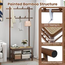 Gymax Coat Rack Entryway Bench With 2 Hanging Rods 11 Hanging Hooks Shelves in Brown - thumbnail 8