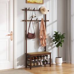 Gymax Coat Rack Entryway Bench With 2 Hanging Rods 11 Hanging Hooks Shelves in Brown - thumbnail 3