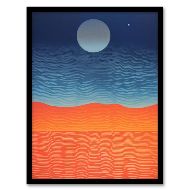 Artery8 Sahara Moonrise Coral Orange On Blue Serene Landscape Art Print Framed Poster Wall Decor in Black - Size: A4 - image 1