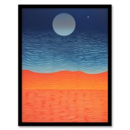 Artery8 Sahara Moonrise Coral Orange On Blue Serene Landscape Art Print Framed Poster Wall Decor in Black - Size: A4 - thumbnail 1