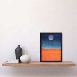 Artery8 Sahara Moonrise Coral Orange On Blue Serene Landscape Art Print Framed Poster Wall Decor in Black - Size: A4 - thumbnail 4