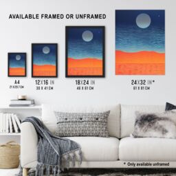 Artery8 Sahara Moonrise Coral Orange On Blue Serene Landscape Art Print Framed Poster Wall Decor in Black - Size: A4 - thumbnail 3