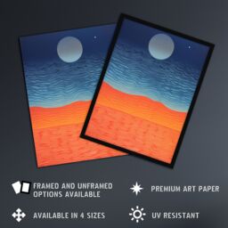 Artery8 Sahara Moonrise Coral Orange On Blue Serene Landscape Art Print Framed Poster Wall Decor in Black - Size: A4 - thumbnail 2