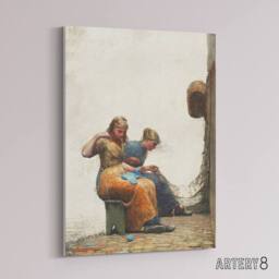 "Artery8 Mending the Fishing Nets Winslow Homer Canvas Wall Art Print in White - Size: W12"" x H16""" - thumbnail 2