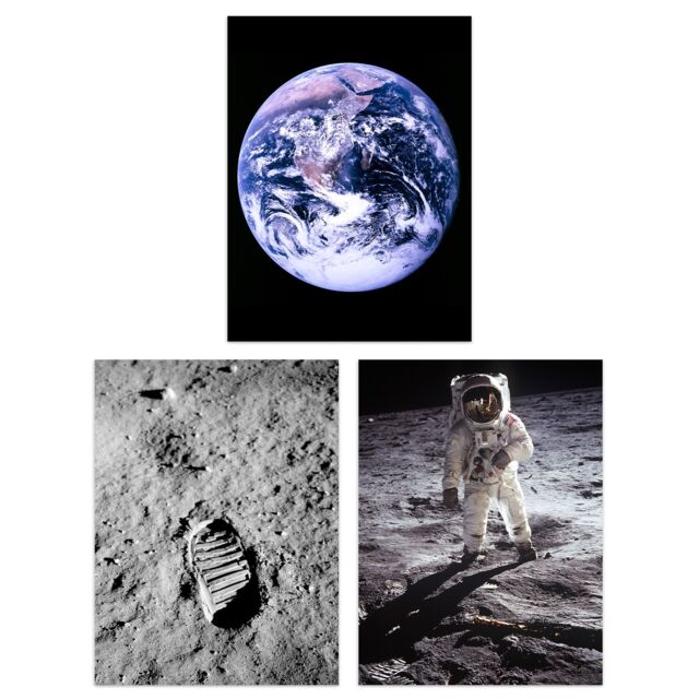 Artery8 Wall Art Print Pack of 3 NASA Earth from Space Apollo 11 Moon Landing Astronaut Aldrin Armstrong Boot Large Poster Set - image 1