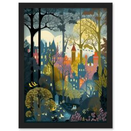 Artery8 Village Through Sherwood Forest Tree Landscape Artwork Framed Wall Art Print A4 in Black - thumbnail 1