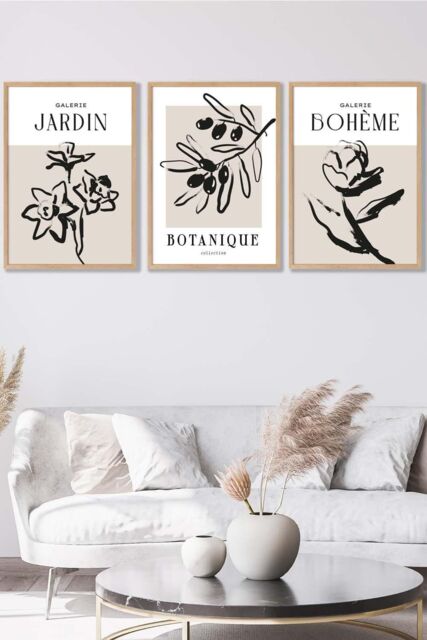 ARTZE Set of 3 Oak Framed Minimalist Sketch Leaves Flowers Beige & Black Wall Art - Size: W45 cm x H62 cm x D20mm - image 1