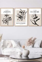 ARTZE Set of 3 Oak Framed Minimalist Sketch Leaves Flowers Beige & Black Wall Art - Size: W45 cm x H62 cm x D20mm - thumbnail 1