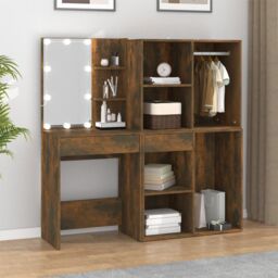 Berkfield Home LED Dressing Table with Cabinets Smoked Oak Engineered Wood in Brown