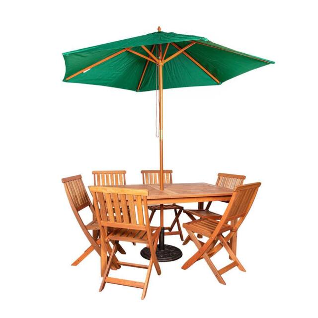 Samuel Alexander 6 Person Wooden Patio Dining Table Chairs with Green Parasol & Base in Brown