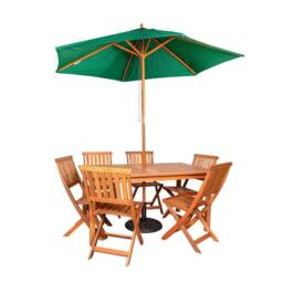 Samuel Alexander 6 Person Wooden Patio Dining Table Chairs with Green Parasol & Base in Brown - thumbnail 1