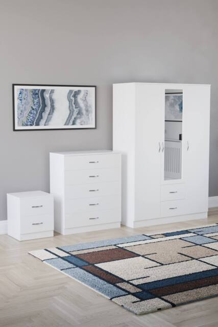 Home Discount Vida Designs 3Pc Bedroom Set 2Bedside, 5 Drawer Chest, Mirror Wardrobe in White - image 1