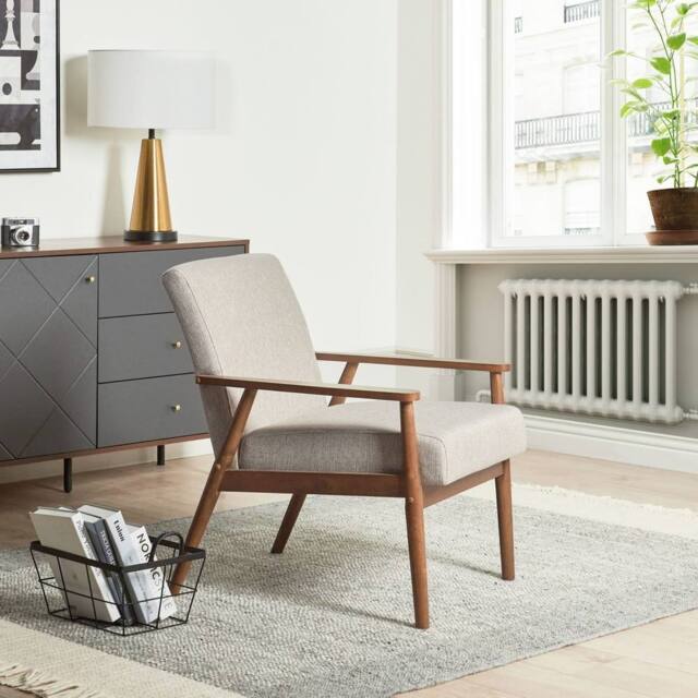 Wyld and Coco Mid-Century Armchair - Grey Polyester-Linen Rubberwood Frame - image 1