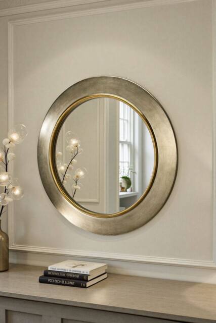 Yearn Mirrors Ava Pewter Round Bevelled Mirror Gold Trim in Metallic Gold - image 1