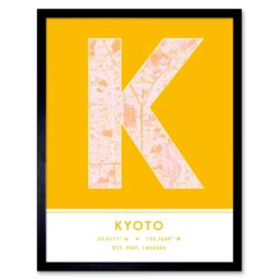 "Wee Blue Coo Wall Art Print Kyoto Japan City Map Modern Typography Stylish Letter Framed Word in Yellow - Size: W12"" x H16""" - thumbnail 1
