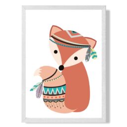 ARTZE Fox Tribal Animal Framed Print SIZE: A4 with White Frame in Orange