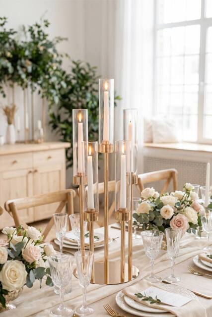 Living and Home 5-Arm Candelabra Metal Candle Holder with Clear Lampshade - Size: Small - image 1