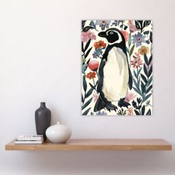 "Artery8 Penguin in Coastal Wildflowers Bright Floral Wall Art Print in Dark Blue - Size: W12"" x H16""" - thumbnail 4
