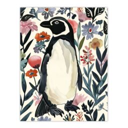 "Artery8 Penguin in Coastal Wildflowers Bright Floral Wall Art Print in Dark Blue - Size: W12"" x H16""" - thumbnail 1