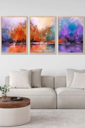 ARTZE Set of 3 Oak Framed Abstract Purple Orange Violet Dawn Wall Art - Size: W45 cm x H62 cm x D20mm - thumbnail 1