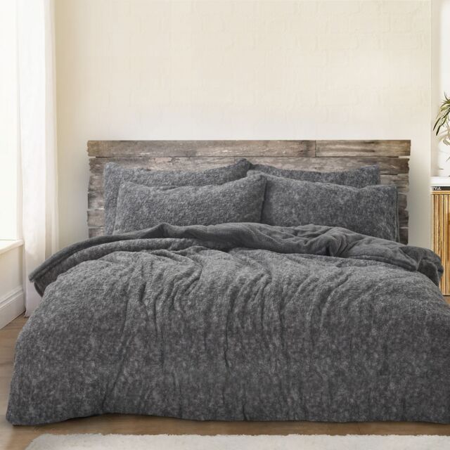 Velosso Teddy Marl Warm & Cosy Duvet Cover & Pillowcase Set in Charcoal - Size: Single