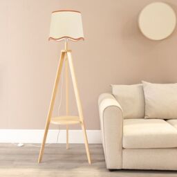 ValueLights Morrigan Natural Wood Tripod Floor Lamp Scallop White Trim Taper Shade in Burnt Orange - thumbnail 1