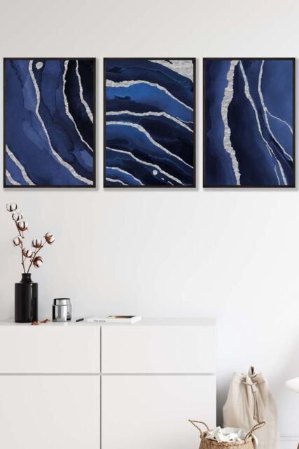 ARTZE Abstract Navy Blue Silver Strokes Framed Wall Art - Medium in Black - Size: W45 cm x H62 cm x D20mm - image 1
