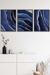 ARTZE Abstract Navy Blue Silver Strokes Framed Wall Art - Medium in Black - Size: W45 cm x H62 cm x D20mm