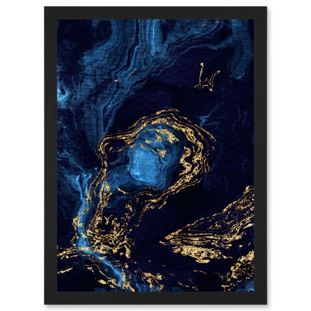 Artery8 Abstract Dark Blue Gold Waves Modern Artwork Framed Wall Art Print A4 in Black - image 1