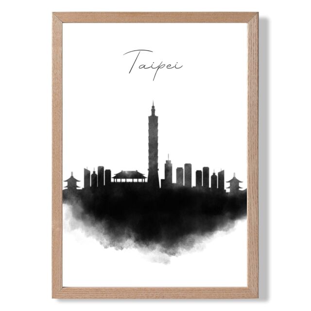 ARTZE Taipei Watercolour Skyline City Framed Print SIZE: A4 with Oak Frame in Black - image 1