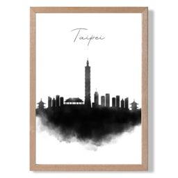 ARTZE Taipei Watercolour Skyline City Framed Print SIZE: A4 with Oak Frame in Black