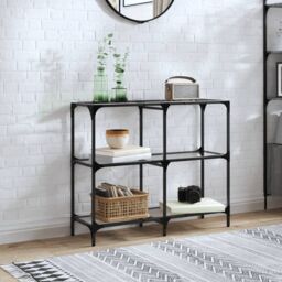 Berkfield Home Console Table with Transparent Glass Top 98x30x81 cm Steel in Black - Size: 98 x 30 x 81 cm - thumbnail 1