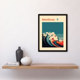 Artery8 Wall Art Print The Seaside Calls Maldives Beach Modern Woman of the Waves Sea Siren Ocean Art Framed in Blue - Size: A4 - thumbnail 4