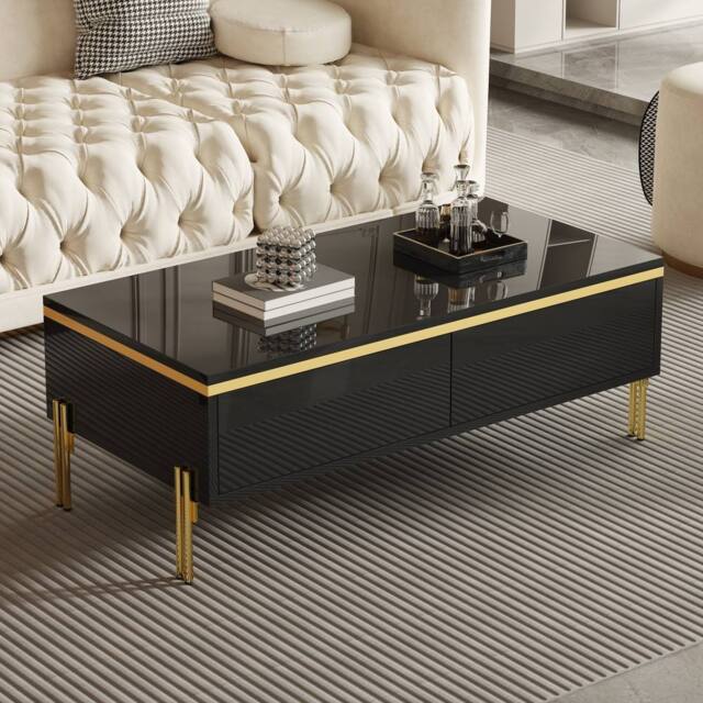 Merax High Gloss Rectangular Coffee Table with Gold Legs & Dual Drawers in Black - image 1