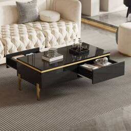 Merax High Gloss Rectangular Coffee Table with Gold Legs & Dual Drawers in Black - thumbnail 3
